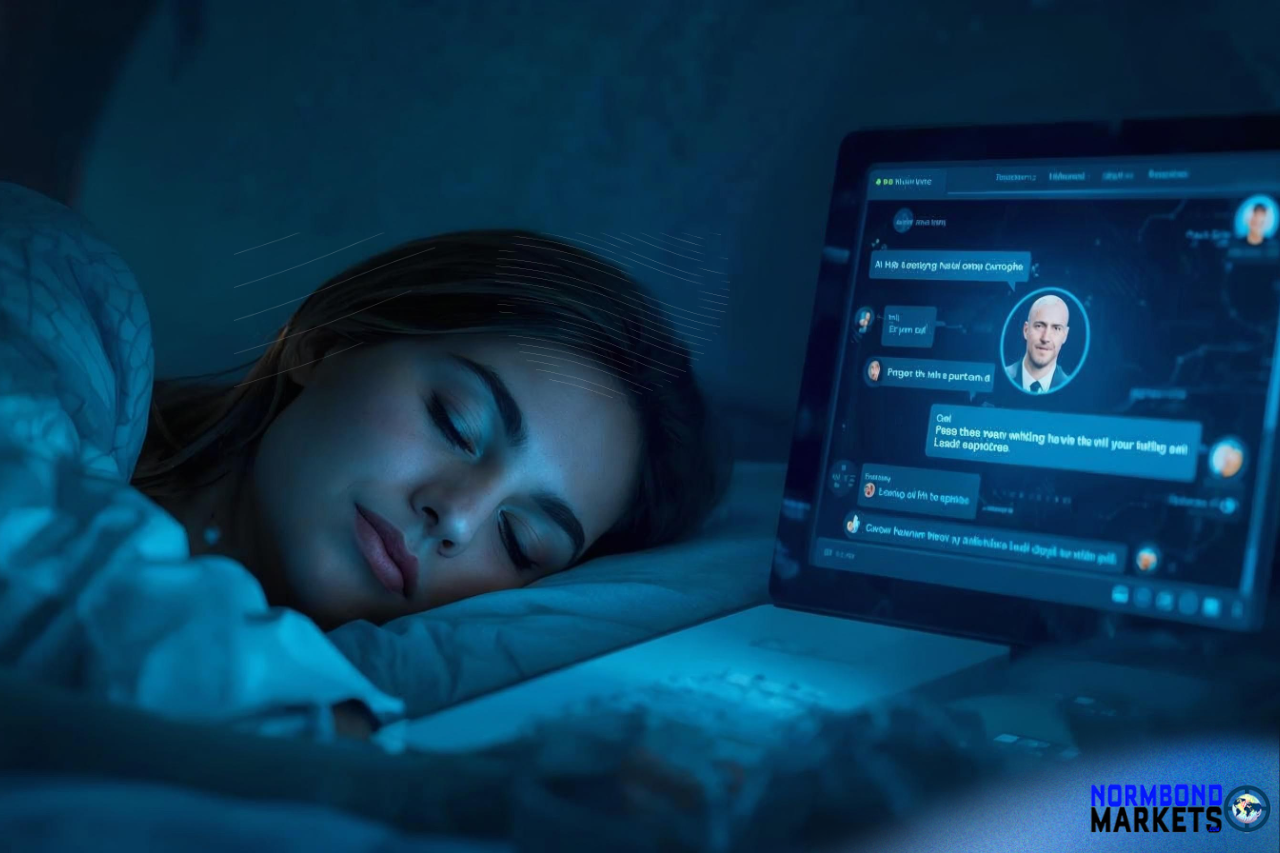 AI chatbot engaging customers online at night while the business owner sleeps, symbolizing 24/7 automated lead capture and support.