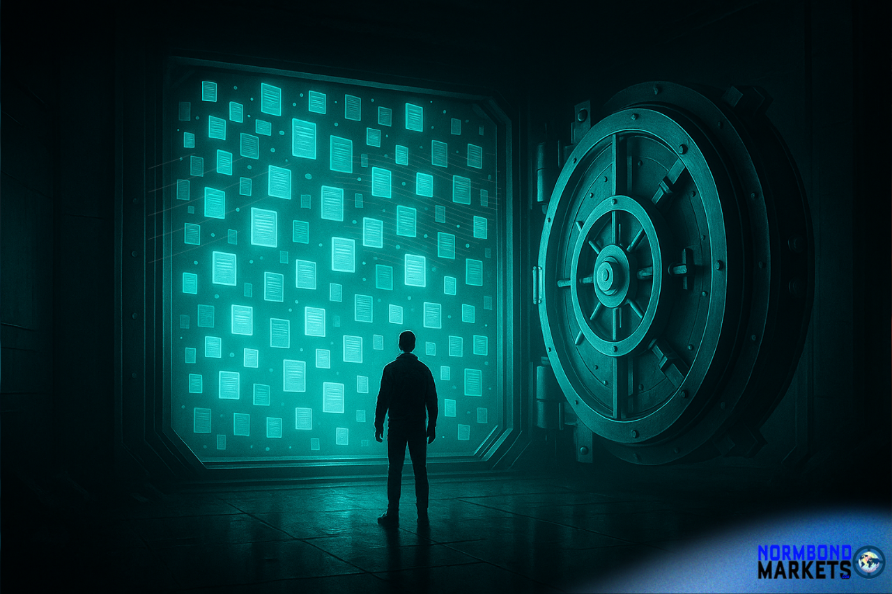 Digital vault glowing with organized AI prompts, symbolizing how businesses unlock consistent, high-quality output using prompt engineering.