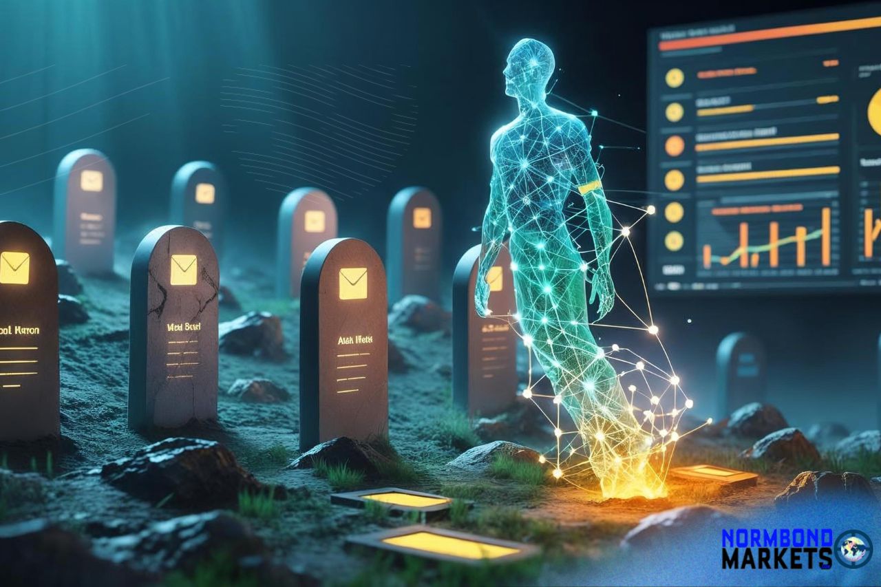 Digital figure rising from glowing gravestones symbolizing dead leads being revived by AI, with sales charts in the background.