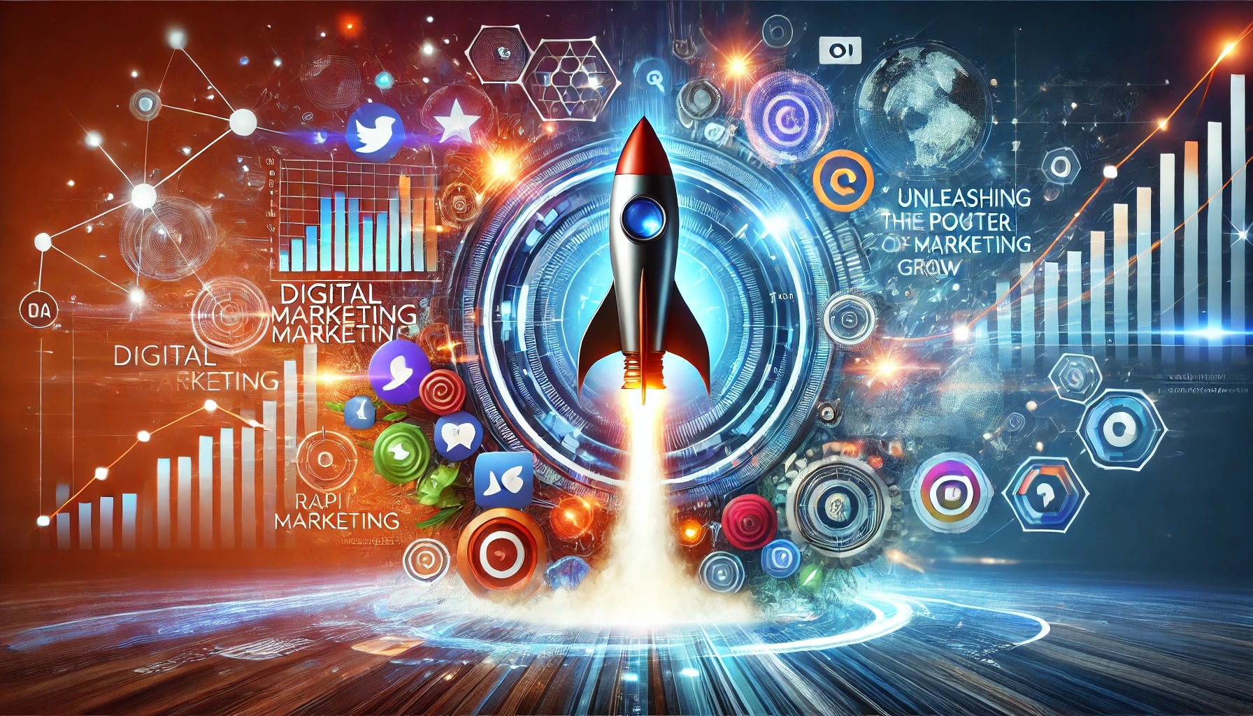 Digital marketing strategies for rapid business growth with social media icons, a digital marketing dashboard, and a rocket symbolizing growth