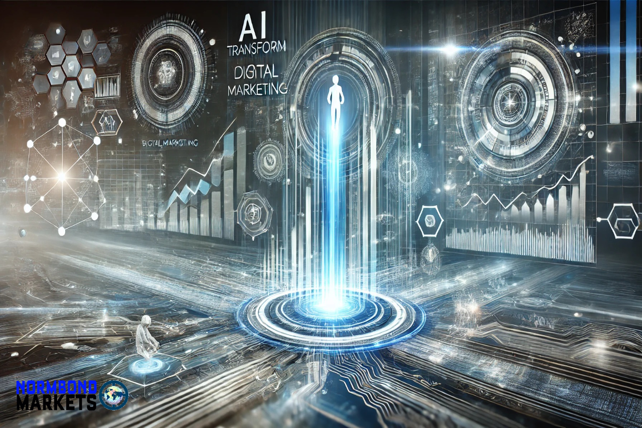 futuristic image with holograms and charts showing the intersection of AI and digital marketing