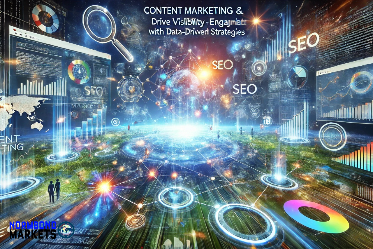 Futuristic digital world with projections of SEO, Content Marketing and holograms to indicate growth and data driven research.