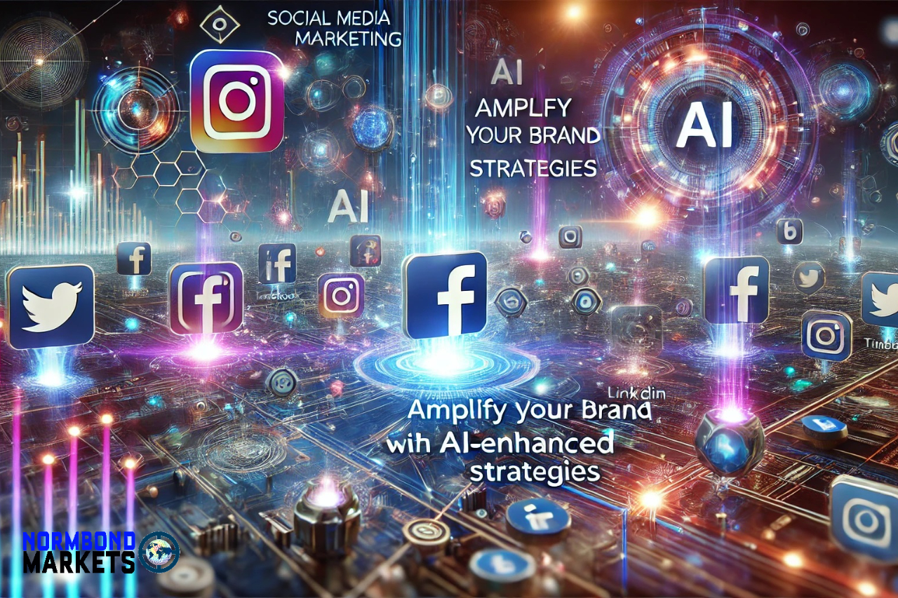 Futurisitc image of Social Media Marketing: with floating icons of Facebook, Twitter, Instagram and more.