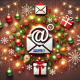 Festive holiday-themed digital marketing concept with an email icon surrounded by glowing decorations, including string lights, gift boxes, and snowflakes, set against a snow-dusted background.