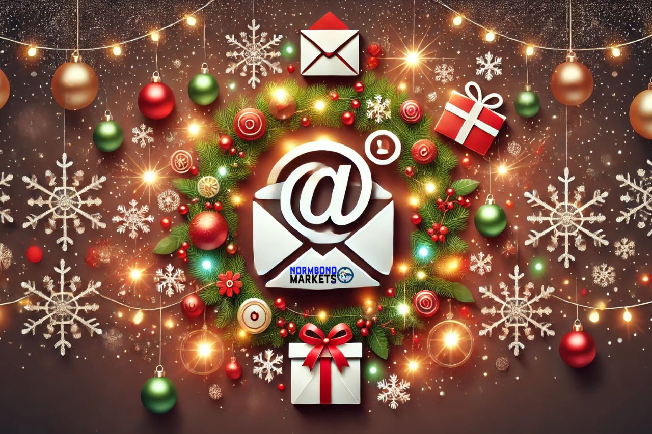 Festive holiday-themed digital marketing concept with an email icon surrounded by glowing decorations, including string lights, gift boxes, and snowflakes, set against a snow-dusted background.