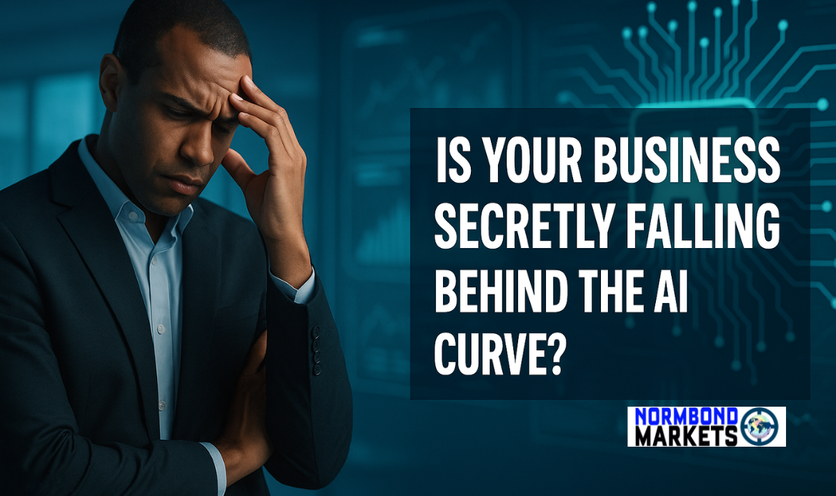 Businessman in a high-tech office appearing thoughtful, with AI graphics in the background and text asking if businesses are falling behind the AI curve.