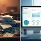 Split-screen showing a messy desk with paper piles and coffee mugs on the left, and a sleek AI dashboard on a computer screen on the right, representing AI-driven business efficiency.