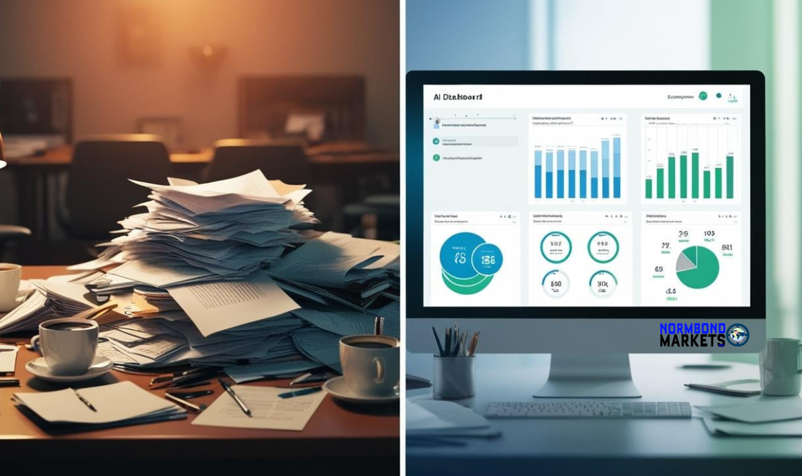 Split-screen showing a messy desk with paper piles and coffee mugs on the left, and a sleek AI dashboard on a computer screen on the right, representing AI-driven business efficiency.