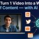 Illustration showing how AI transforms one video into LinkedIn posts, tweets, emails, and calendar content, with ChatGPT and Descript tools