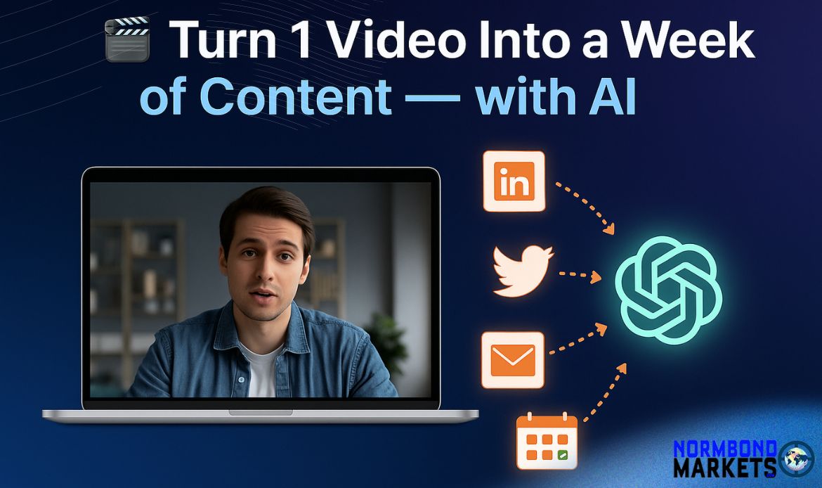 Illustration showing how AI transforms one video into LinkedIn posts, tweets, emails, and calendar content, with ChatGPT and Descript tools