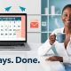 Smiling entrepreneur holding coffee beside a laptop showing a 30-day content calendar, with paper plane icons and AI strategy visuals