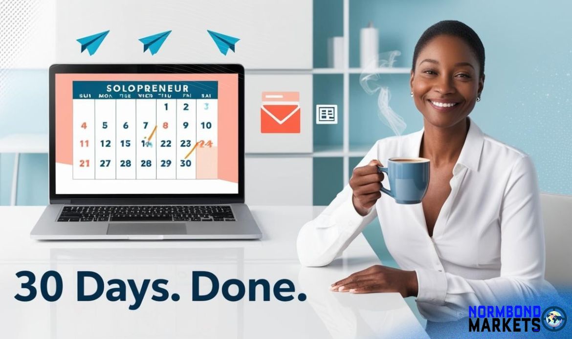 Smiling entrepreneur holding coffee beside a laptop showing a 30-day content calendar, with paper plane icons and AI strategy visuals