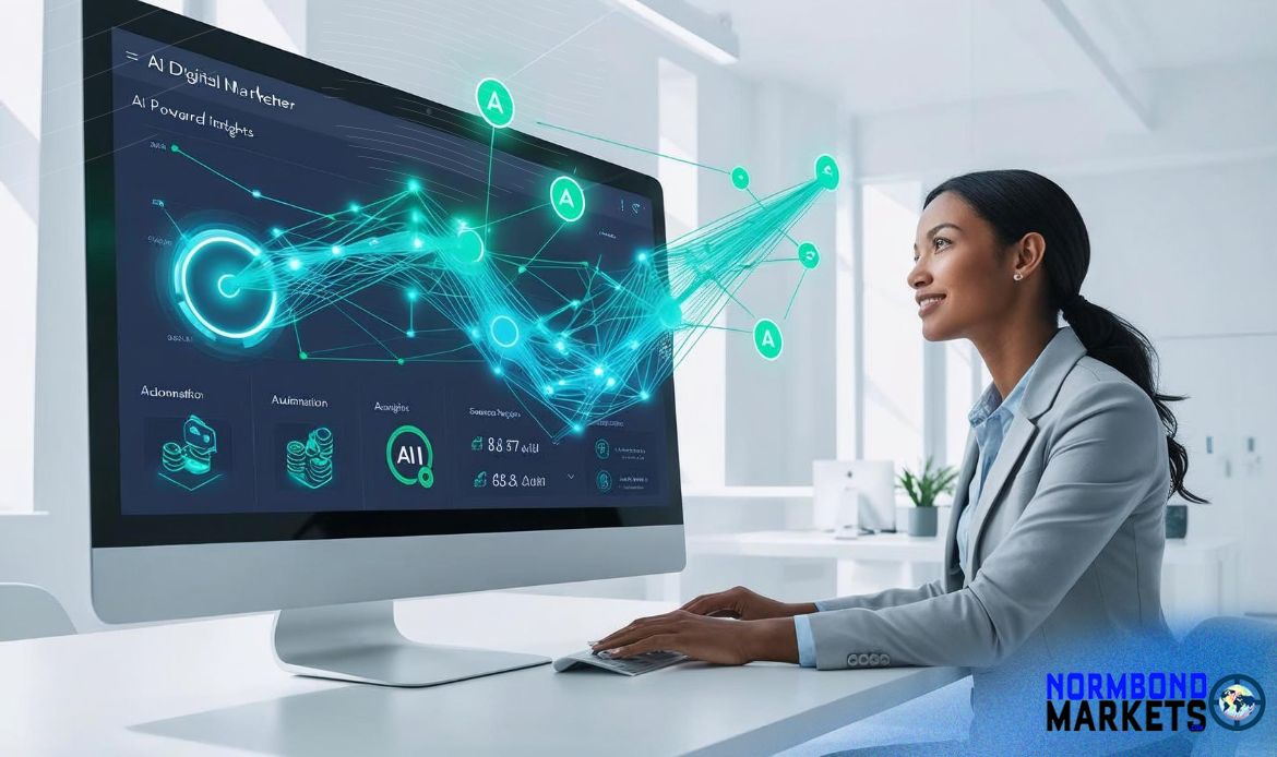Entrepreneur analyzing AI-powered marketing audit dashboard for business growth using automation insights from AI marketing audit.