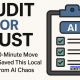 Clipboard with AI checklist next to bold blog title “Audit or Bust” on light background