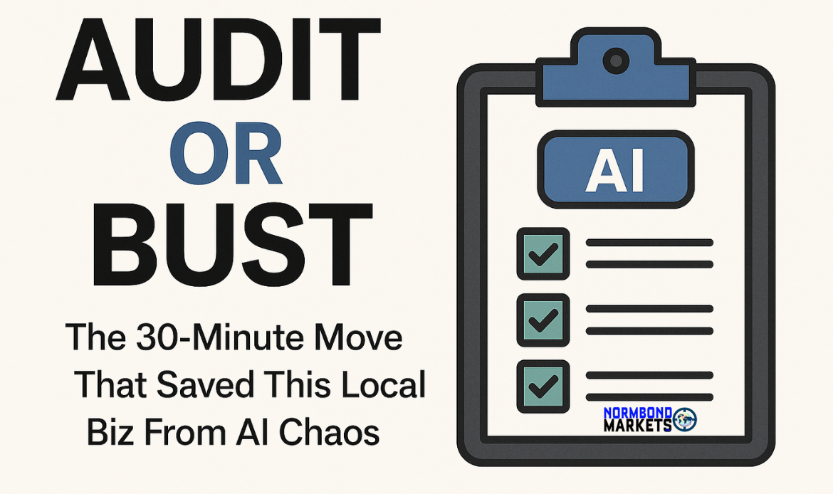 Clipboard with AI checklist next to bold blog title “Audit or Bust” on light background