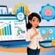 AI content creation represented with an Illustration of a businesswoman using AI marketing tools to grow a small business with charts, analytics, and automation.