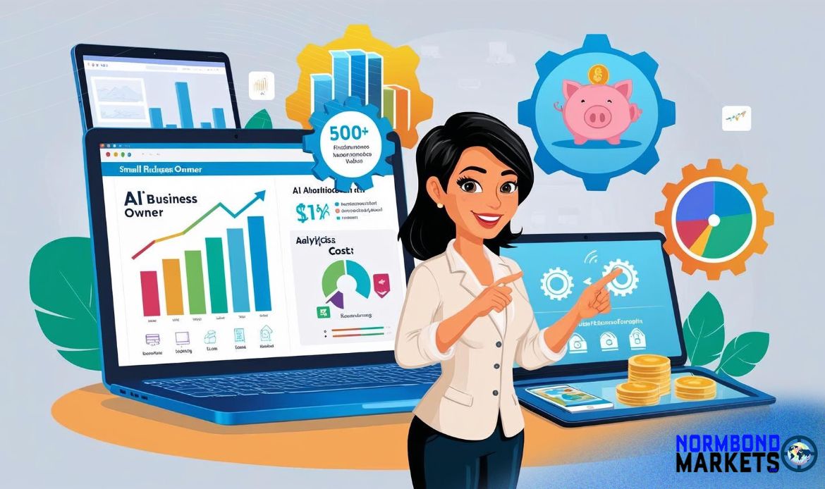 AI content creation represented with an Illustration of a businesswoman using AI marketing tools to grow a small business with charts, analytics, and automation.