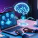 AI content creation at scale as business woman uses AI-powered laptop with holographic brain and digital content icons