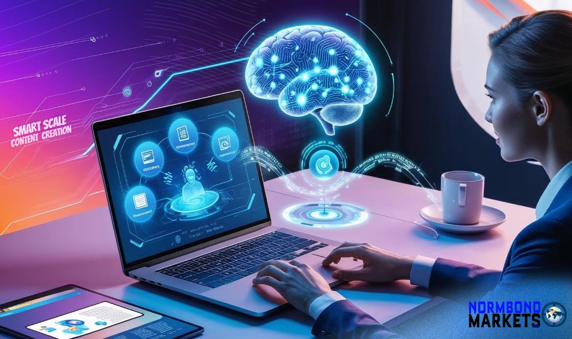 AI content creation at scale as business woman uses AI-powered laptop with holographic brain and digital content icons