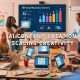 AI content creation practiced by diverse group of professionals discussing AI content strategies around a table, with laptops displaying AI tools and charts labeled "Small Business Owners."
