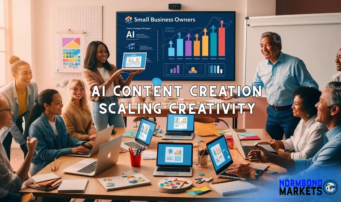 AI content creation practiced by diverse group of professionals discussing AI content strategies around a table, with laptops displaying AI tools and charts labeled "Small Business Owners."