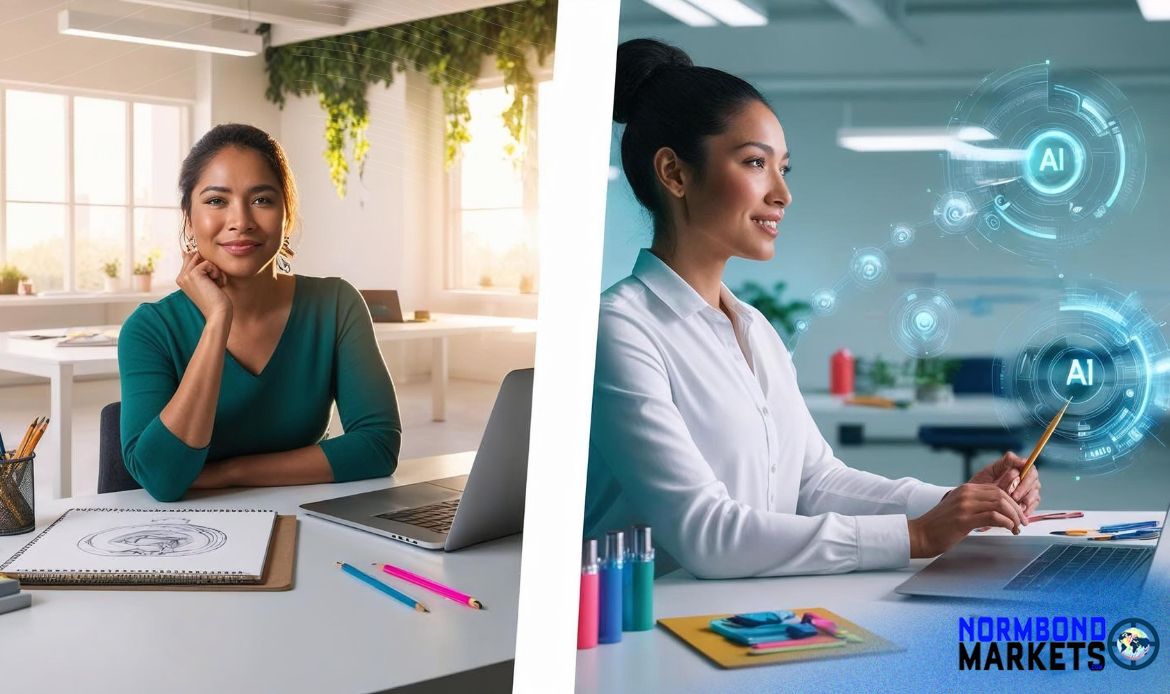 Entrepreneur collaborating with AI technology to create content in a modern workspace