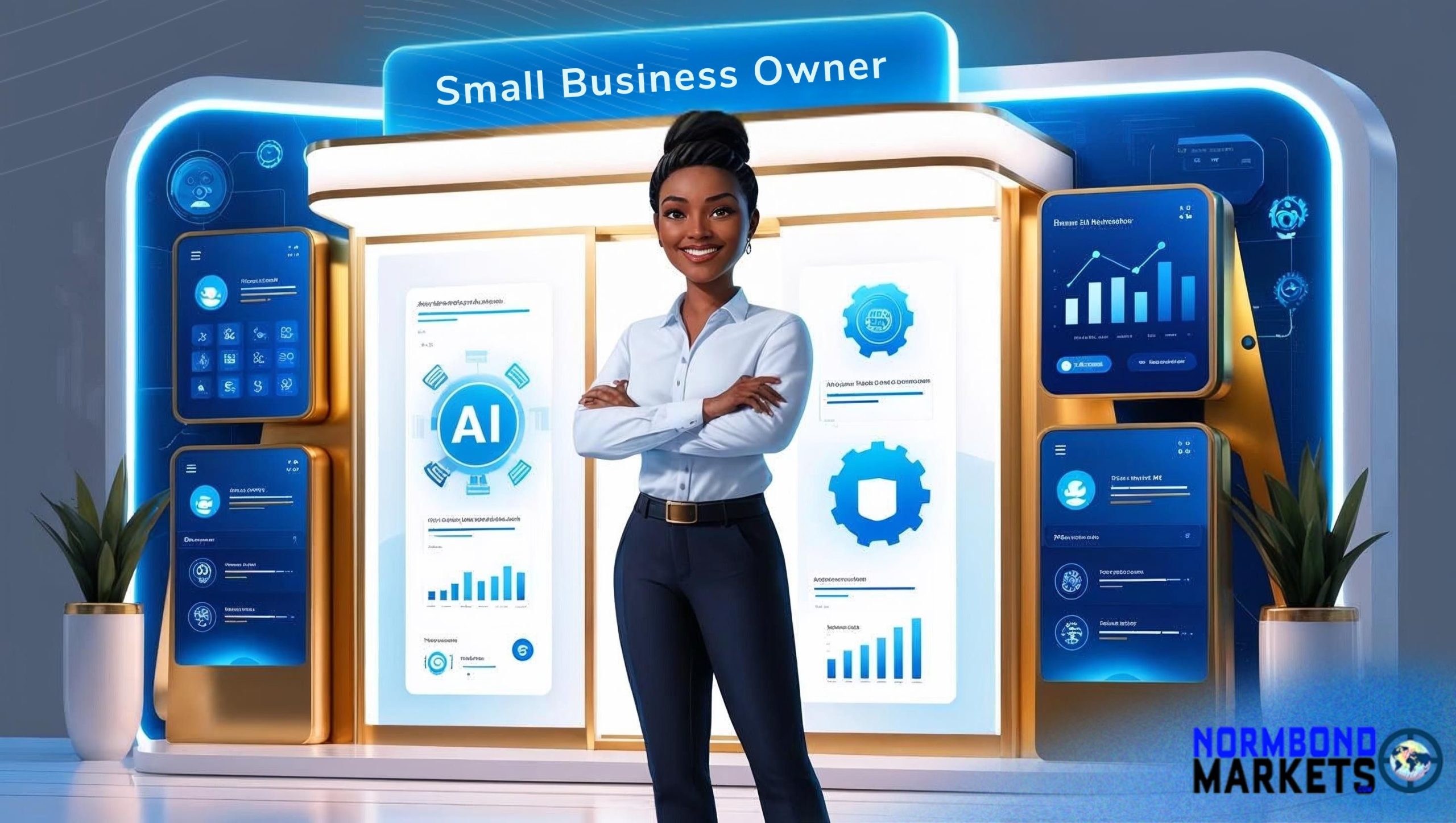 Confident Black female small business owner stands in front of AI-powered marketing dashboard with digital growth metrics
