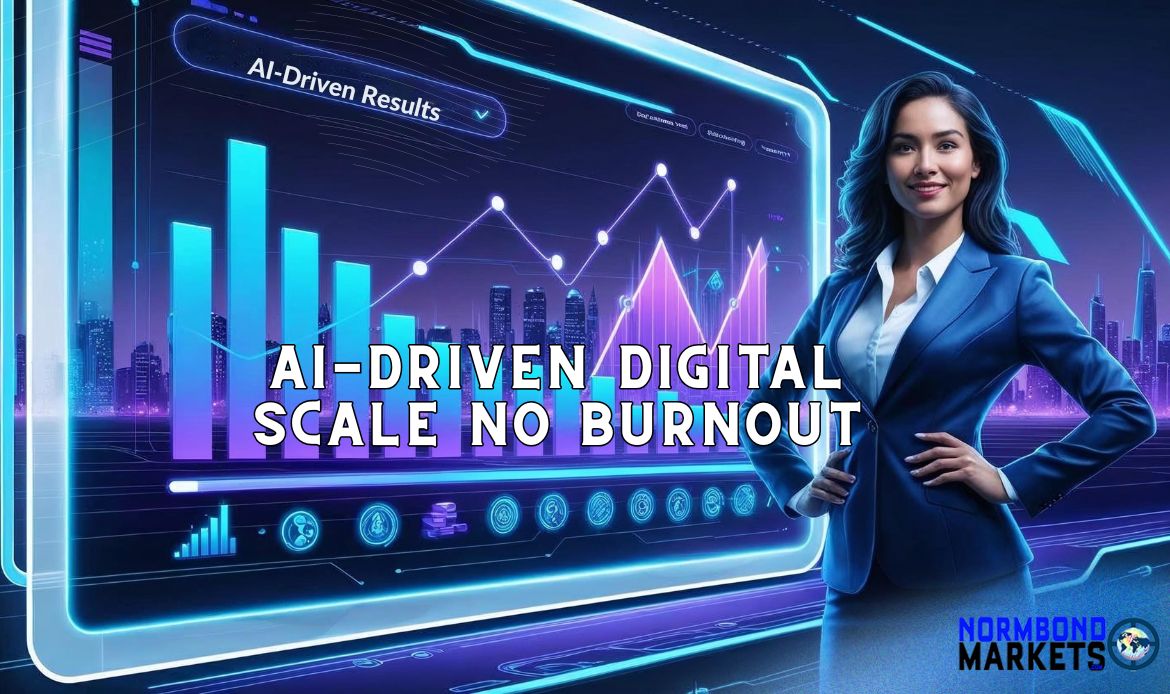 AI-driven digital marketing as businesswoman stands confidently in front of AI-powered analytics dashboard showing growth charts and digital marketing results