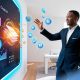 AI content creation empowers entrepreneur using futuristic AI-driven interface in a modern office environment