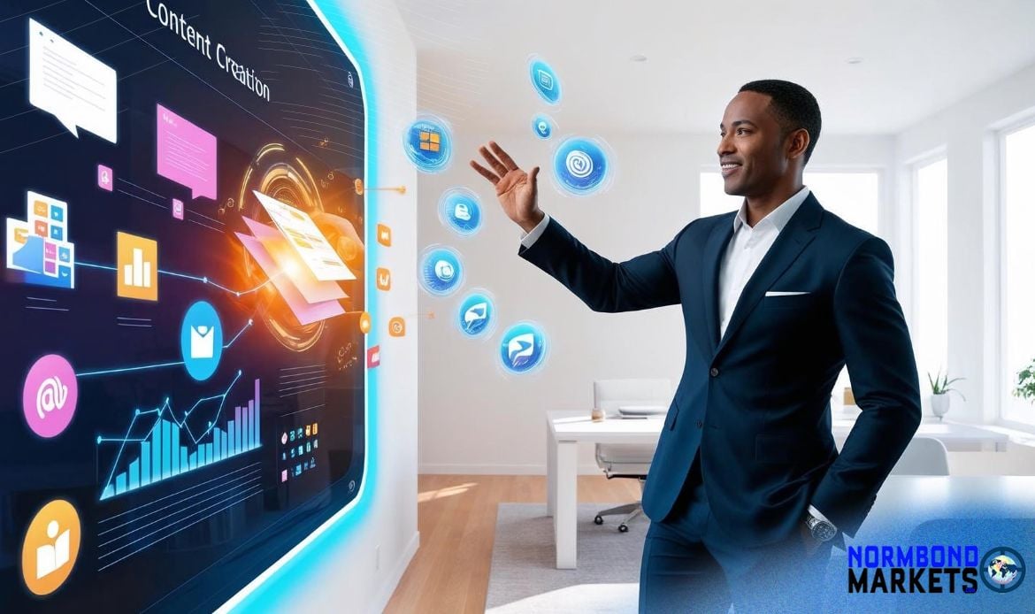 AI content creation empowers entrepreneur using futuristic AI-driven interface in a modern office environment