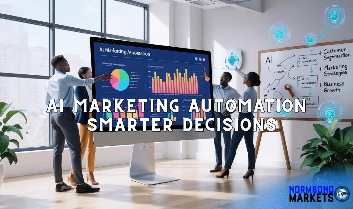 Diverse business team analyzing AI marketing automation dashboard and strategy tools for smarter business decisions.