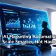 Futuristic dashboard showing AI marketing automation analytics with entrepreneur observing smart business growth metrics.