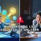 the AI marketing challenge represented by showing a happy marketer using AI tools and a stressed founder surrounded by paperwork, highlighting AI marketing misconceptions.