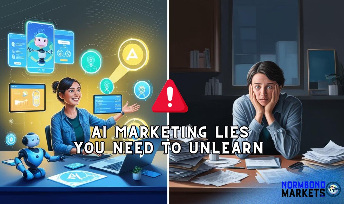 the AI marketing challenge represented by showing a happy marketer using AI tools and a stressed founder surrounded by paperwork, highlighting AI marketing misconceptions.