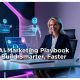 Professional woman using futuristic AI tools for marketing automation in a modern office, with holographic screens and humanoid robots, representing the AI Marketing Playbook