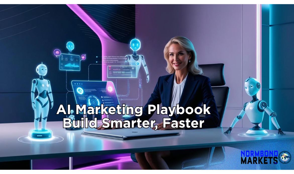 Professional woman using futuristic AI tools for marketing automation in a modern office, with holographic screens and humanoid robots, representing the AI Marketing Playbook