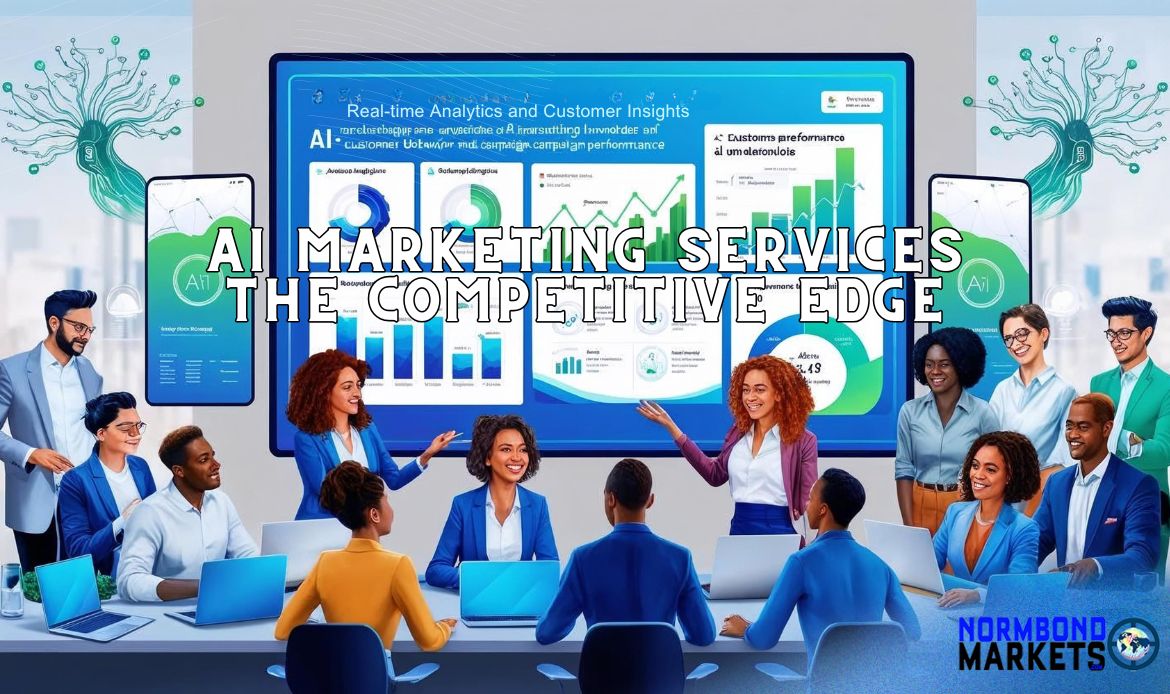 AI marketing services on display with team analyzing AI marketing services dashboard to gain competitive edge in 2025