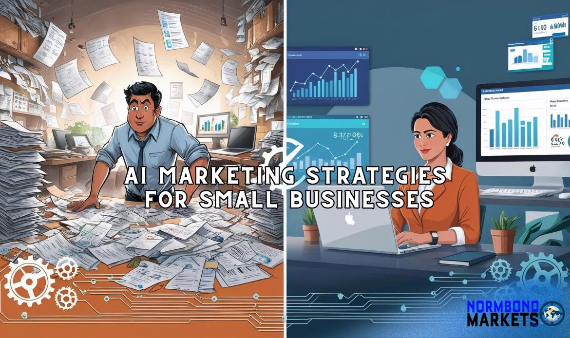 AI marketing strategies for small businesses represented in split-screen illustration of a stressed entrepreneur buried in paperwork vs. a focused businesswoman using AI dashboards, symbolizing AI marketing strategies for small businesses.