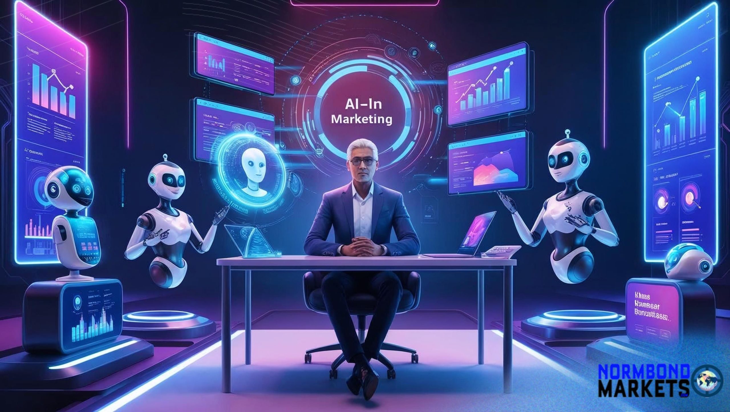 Futuristic business executive surrounded by AI robots and digital marketing dashboards showcasing data and analytics in a high-tech office environment.