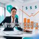 The AI marketing strategy of a Confident business coach using AI marketing to grow sales with data dashboards and performance charts in background.