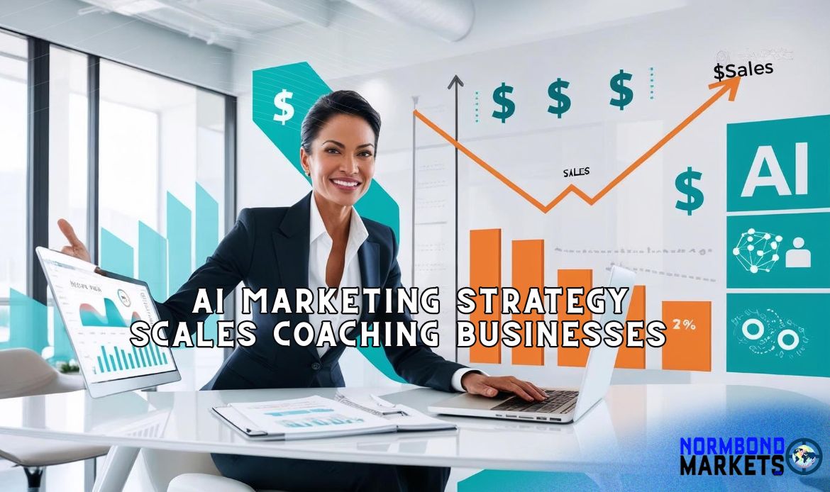 The AI marketing strategy of a Confident business coach using AI marketing to grow sales with data dashboards and performance charts in background.