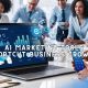 Business professionals using AI marketing tools with laptop and smartphone dashboards, showcasing charts, automation, and digital growth strategy.