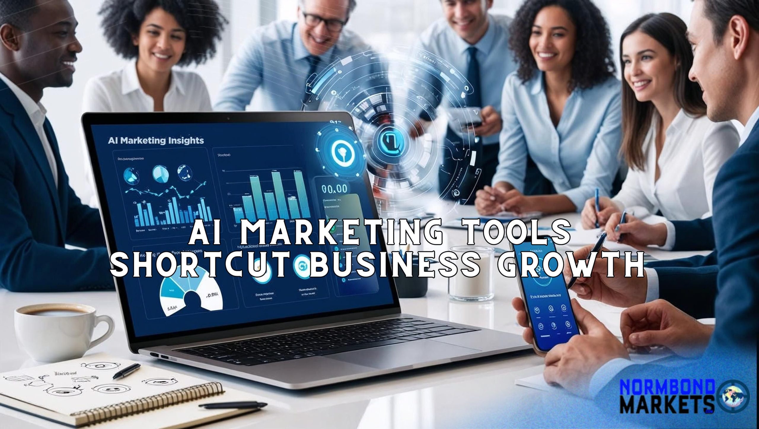 Business professionals using AI marketing tools with laptop and smartphone dashboards, showcasing charts, automation, and digital growth strategy.