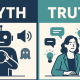 Split illustration showing AI myths (a stressed robot with fear icons) versus truth (a confident businesswoman using AI tools, surrounded by lightbulbs and idea icons).