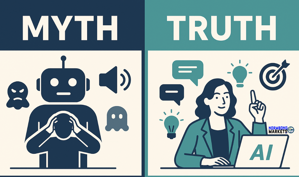 Split illustration showing AI myths (a stressed robot with fear icons) versus truth (a confident businesswoman using AI tools, surrounded by lightbulbs and idea icons).