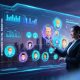 AI-powered digital marketing dashboard with a businesswoman interacting and showing client avatars and analytics, set against a futuristic city skyline