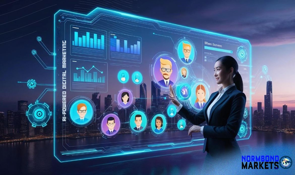 AI-powered digital marketing dashboard with a businesswoman interacting and showing client avatars and analytics, set against a futuristic city skyline