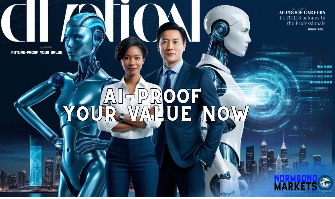 AI=Proof careers represented by two confident professionals standing with humanoid robots, symbolizing AI-proof careers and human-AI collaboration in the future of work.