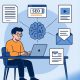 Illustration of a solopreneur at a desk using a laptop, surrounded by AI-generated content tools like SEO, email, documents, and video, symbolizing content automation.