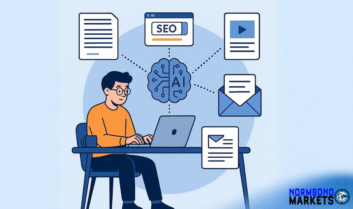 Illustration of a solopreneur at a desk using a laptop, surrounded by AI-generated content tools like SEO, email, documents, and video, symbolizing content automation.